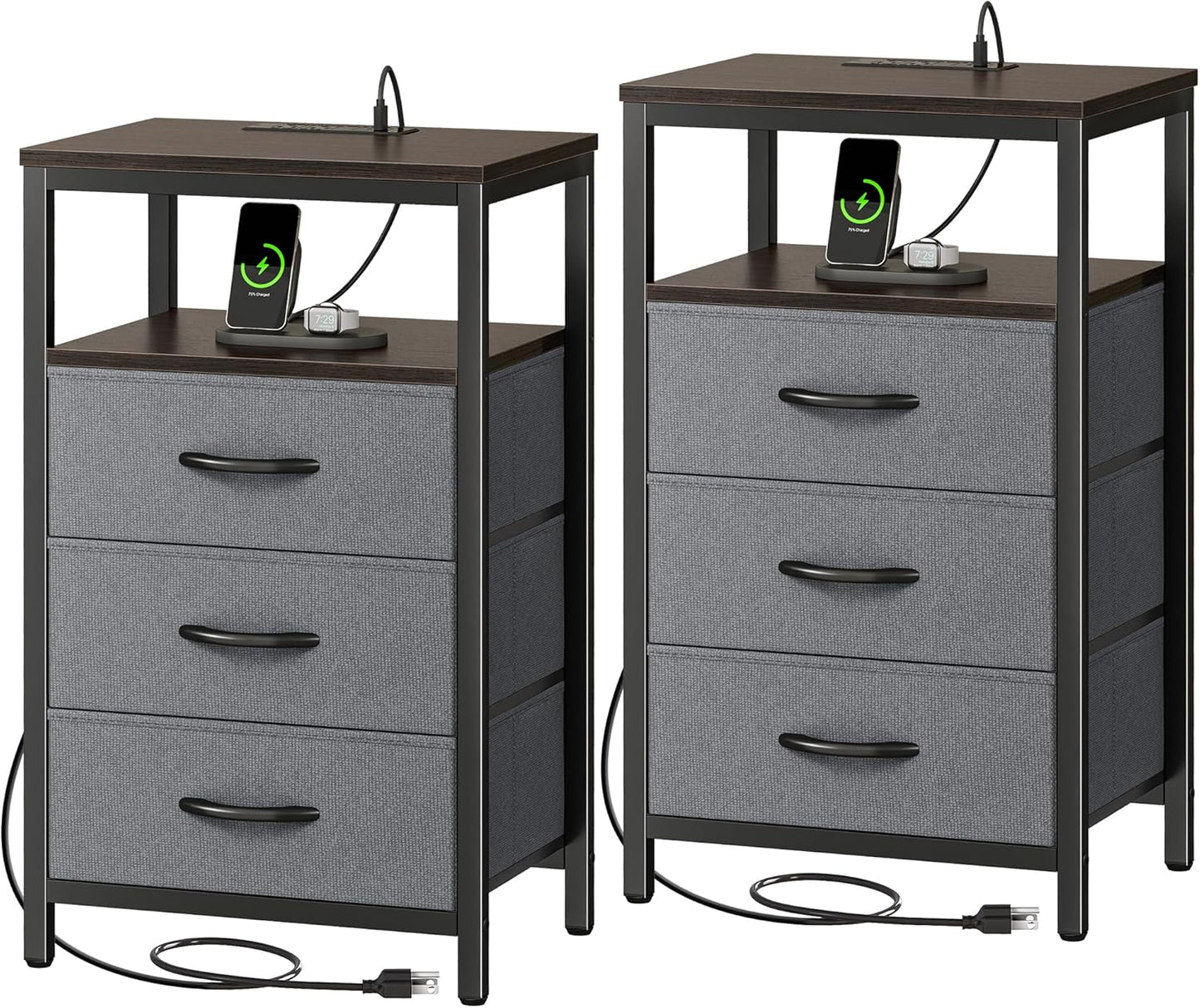 Huuger Nightstand with Charging Station, 27.6 Inch Bedside Table with Fabric Drawers, End Table with USB Ports and Outlets, Night Stand for Bedroom, Rustic Brown