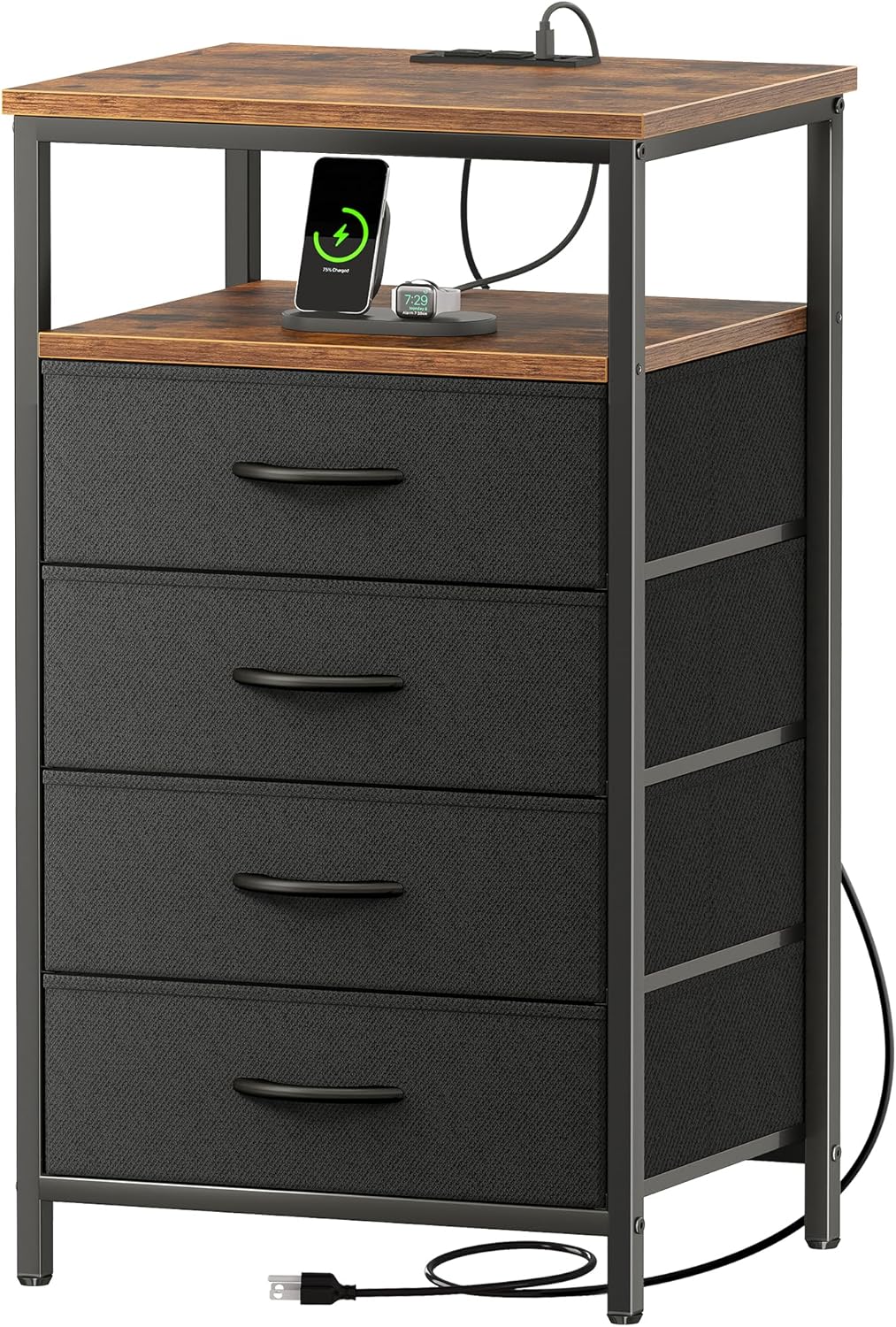 Huuger Nightstand with Charging Station, 27.6 Inch Bedside Table with Fabric Drawers, End Table with USB Ports and Outlets, Night Stand for Bedroom, Rustic Brown