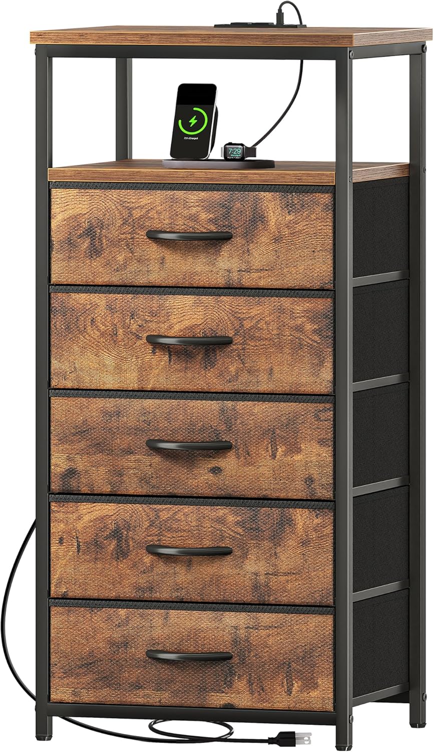 Huuger Nightstand with Charging Station, 27.6 Inch Bedside Table with Fabric Drawers, End Table with USB Ports and Outlets, Night Stand for Bedroom, Rustic Brown