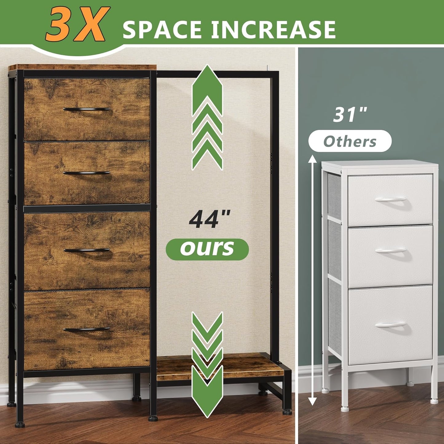 Dresser with Hanging Rack, 4 Drawers Small Closet for Bedroom, Reversible Fabric Kids Chest of Drawers with Clothes Rack, Tall Storage Tower, Sturdy Frame, Rustic Brown, 44''H