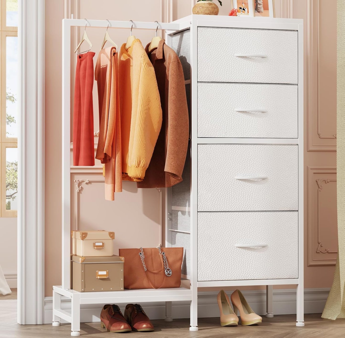 Dresser with Hanging Rack, 4 Drawers Small Closet for Bedroom, Reversible Fabric Kids Chest of Drawers with Clothes Rack, Tall Storage Tower, Sturdy Frame, Rustic Brown, 44''H