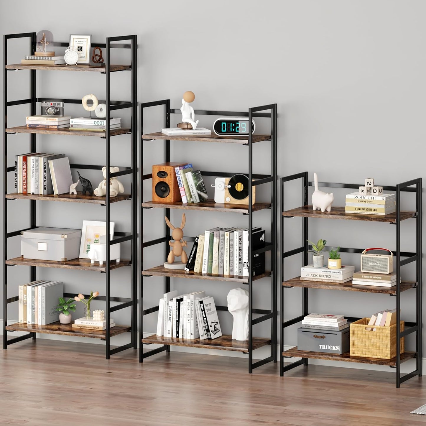 BHG Vintage Multifunctional Folding Bookshelf, No-Assembly Plant Stand Storage Rack Shelves for Home Office (Fire, 5-Tier)