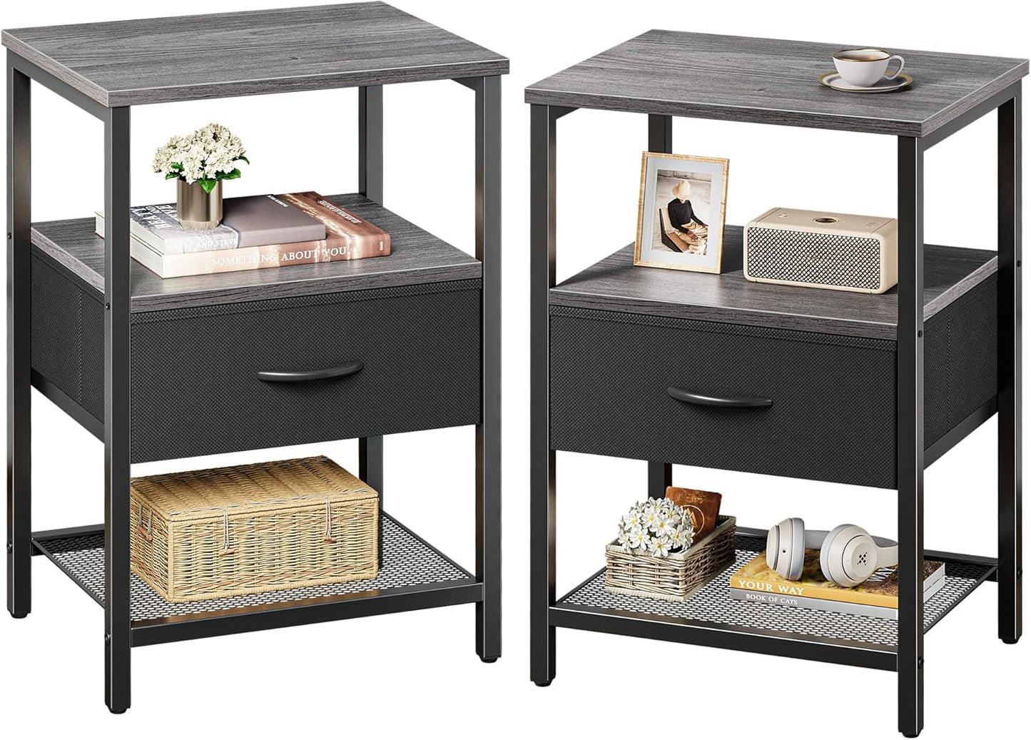 Huuger Nightstand Set of 2, Night Stand with Fabric Drawer, Mesh Shelf, Side Table with Storage, Fabric Drawer Dresser, Open Shelf, Metal Frame, Bedroom, Rustic Brown