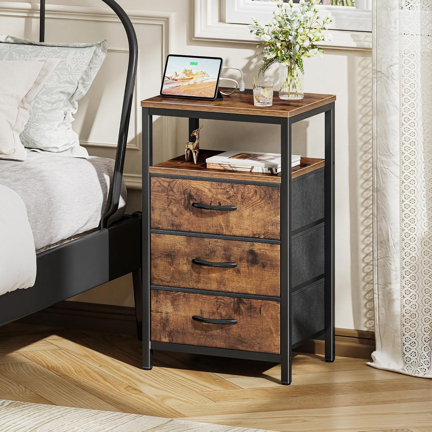 Huuger Nightstand with Charging Station, 27.6 Inch Bedside Table with Fabric Drawers, End Table with USB Ports and Outlets, Night Stand for Bedroom, Rustic Brown