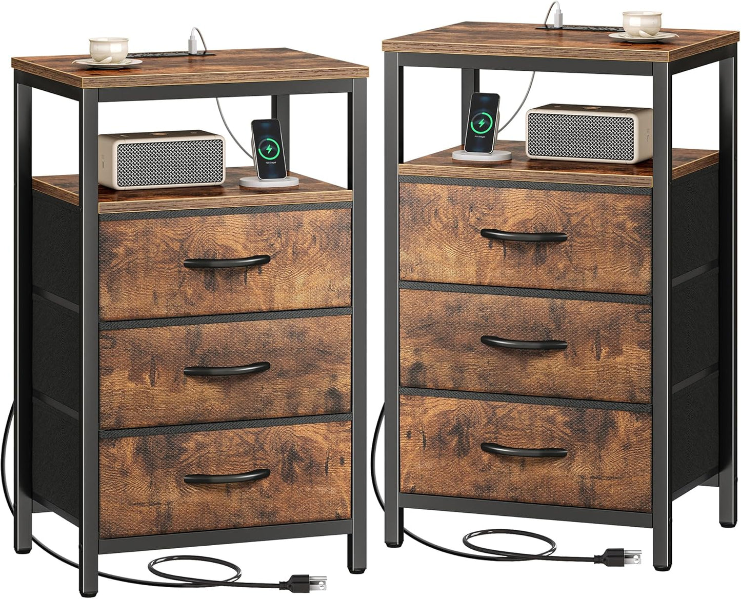 Huuger Nightstand with Charging Station, 27.6 Inch Bedside Table with Fabric Drawers, End Table with USB Ports and Outlets, Night Stand for Bedroom, Rustic Brown