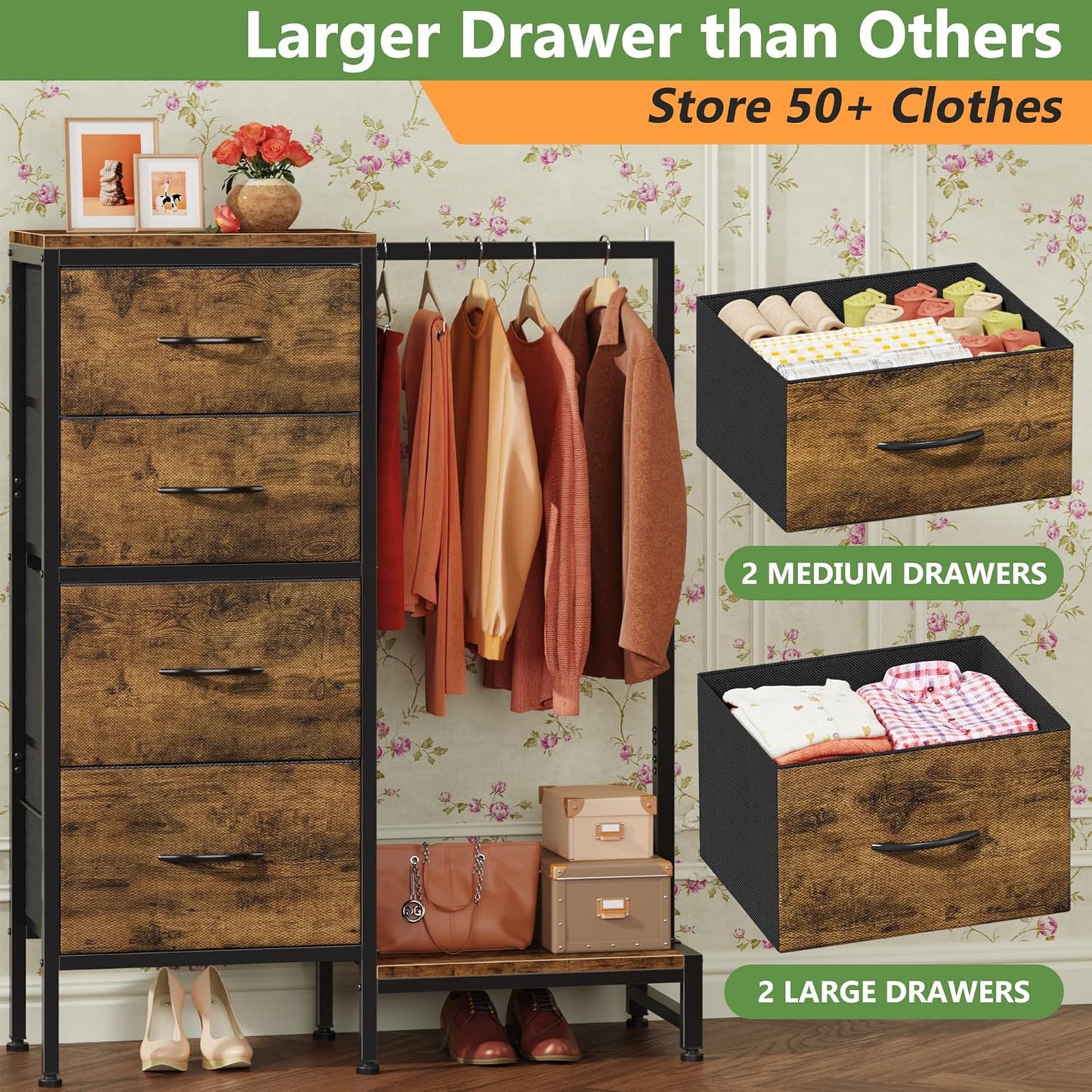 Dresser with Hanging Rack, 4 Drawers Small Closet for Bedroom, Reversible Fabric Kids Chest of Drawers with Clothes Rack, Tall Storage Tower, Sturdy Frame, Rustic Brown, 44''H