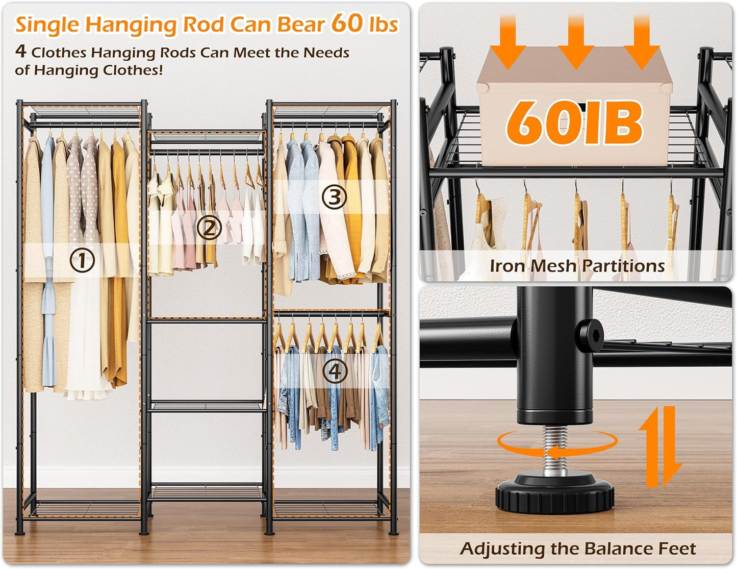 HOMIDEC Wardrobe Closet, 4 Hanging Spaces Portable Clothes Rack,Free Standing Closet Organizer and Storage System with Hanging Rods,Clothing Rack Suitable for Cloakroom,Bedroom,Entrances,etc.Black