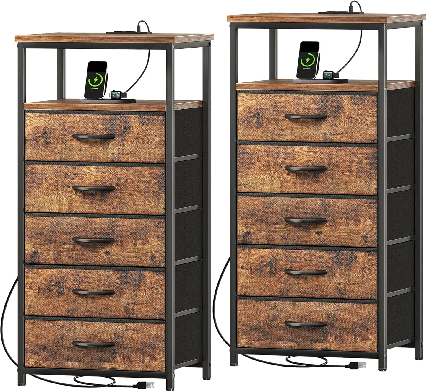 Huuger Nightstand with Charging Station, 27.6 Inch Bedside Table with Fabric Drawers, End Table with USB Ports and Outlets, Night Stand for Bedroom, Rustic Brown