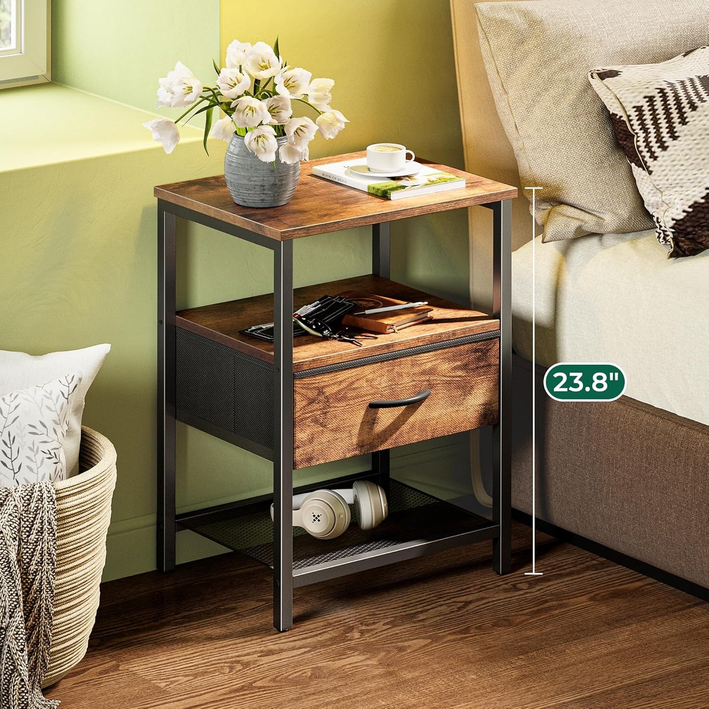 Huuger Nightstand Set of 2, Night Stand with Fabric Drawer, Mesh Shelf, Side Table with Storage, Fabric Drawer Dresser, Open Shelf, Metal Frame, Bedroom, Rustic Brown