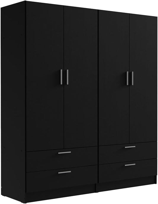 Madesa 4 Doors 4 Drawers Storage Cabinet Wardrobe with Shelves and Hanging Space 63" L Wooden Armoire Closet Organization Unit for Bedroom and Office (Black)