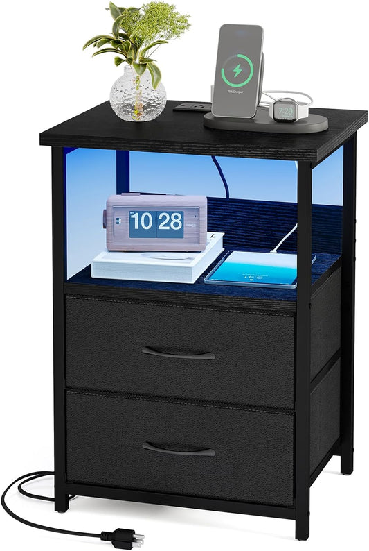 Fixwal Night Stand with Charging Station, LED Nightstand with U-S-B Ports and Outlets, 2 Fabric Storage Drawers with PU Finish, Small Bedside Table, Black