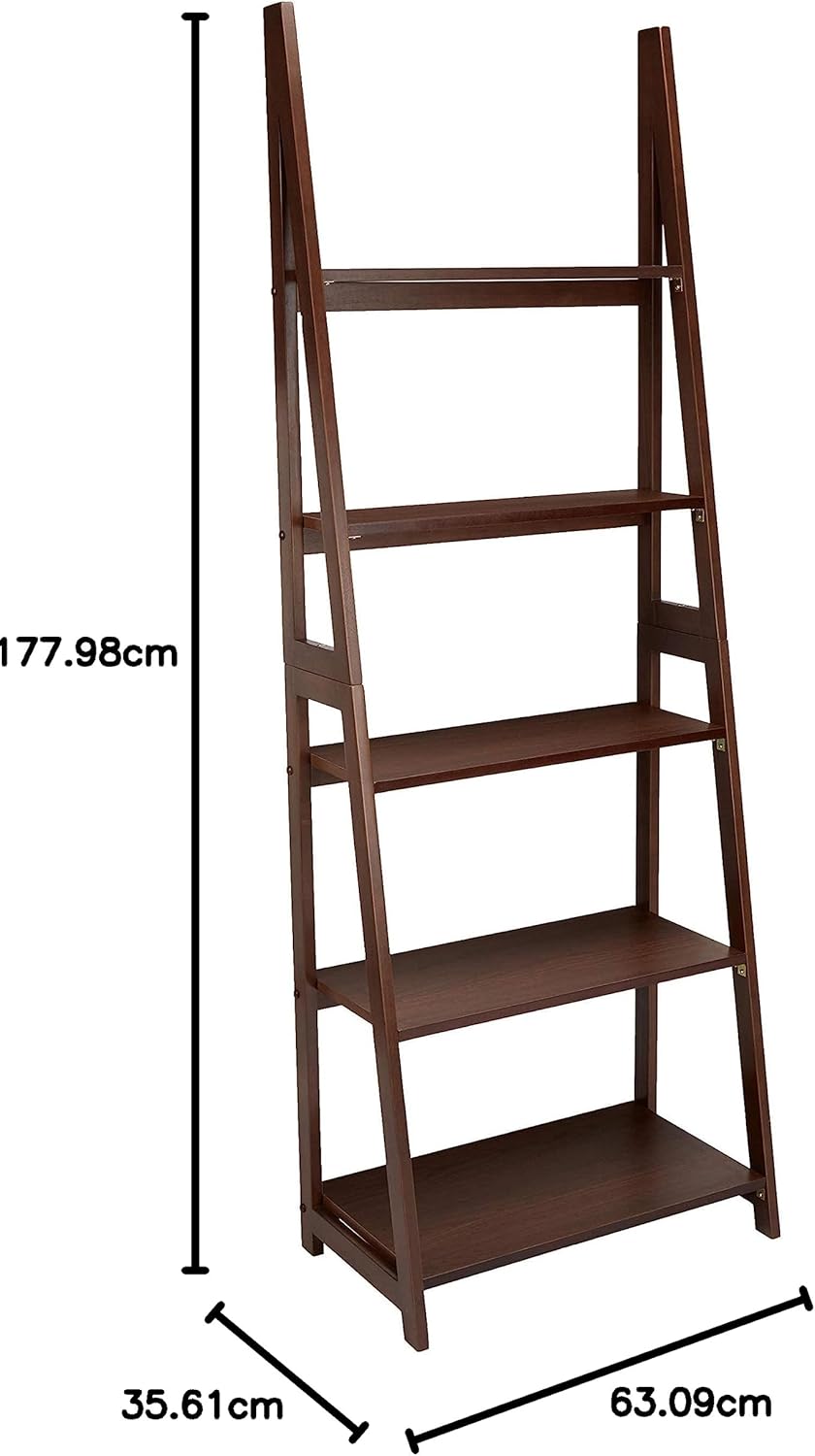 Amazon Basics Ladder Bookshelf Organizer, 5-Tier, Solid Rubberwood Frame, Walnut Finish, 14" D x 24.8" W x 70.1" H