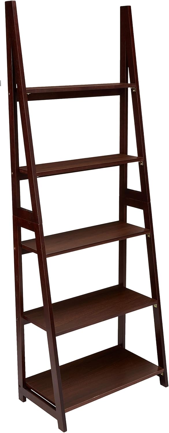 Amazon Basics Ladder Bookshelf Organizer, 5-Tier, Solid Rubberwood Frame, Walnut Finish, 14" D x 24.8" W x 70.1" H