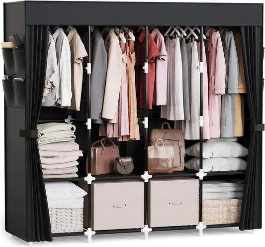 Mavivegue Clothes Organizer with 4 Hanging Rods, Portable Closet Wardrobe, Non-Woven Fabric Cover, Large Capacity Storage for Bedroom and Living Room,Black