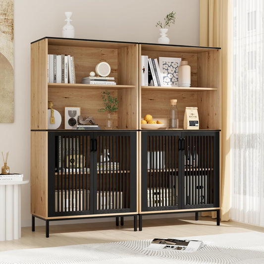 TUSY 61.4" Modern Bookshelf Set of 2, 4 Tier Bookcase with Storage for Living Room, Farmhouse Wooden Bookcase with Doors and Shelves for Home Office, Clutter-Free Storage Organizer for Bedroom (Black)