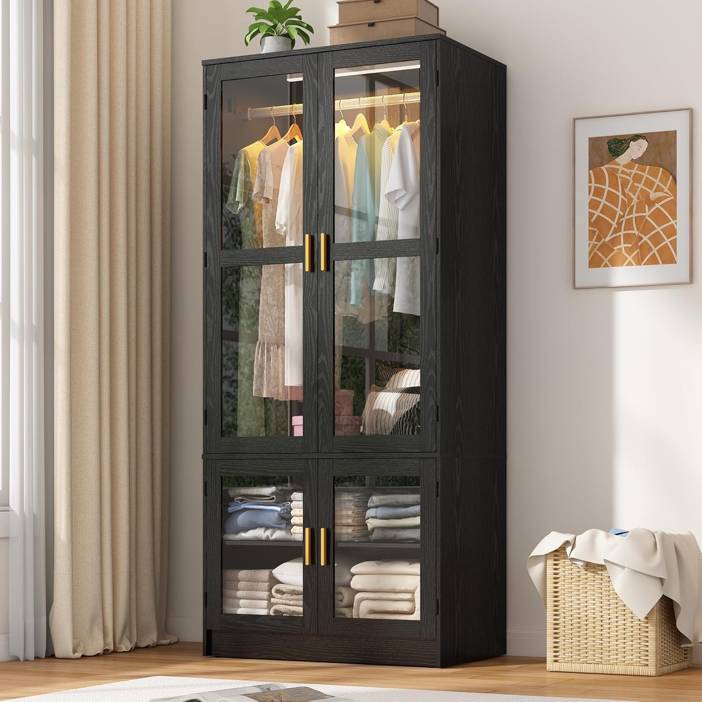 4 Doors Armoire Wardrobe Closet with LED and Mirror,71" H Freestanding Wooden Wardrobe Closet Cabinet for Bedroom w 2 Drawers,Wooden Clothing Storage Cabinet w Hanging Rod,Closets for Bedroom(Black)