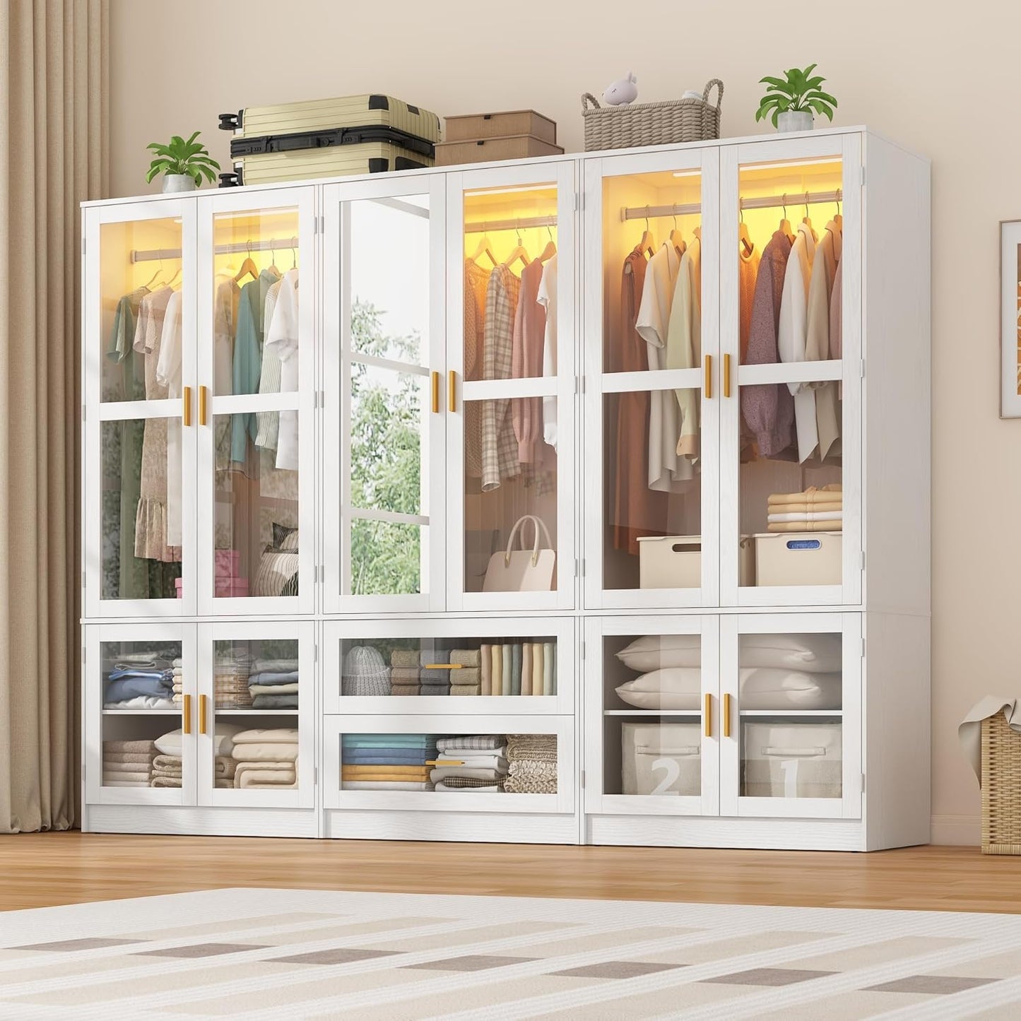 4 Doors Armoire Wardrobe Closet with LED and Mirror,71" H Freestanding Wooden Wardrobe Closet Cabinet for Bedroom w 2 Drawers,Wooden Clothing Storage Cabinet w Hanging Rod,Closets for Bedroom(Black)