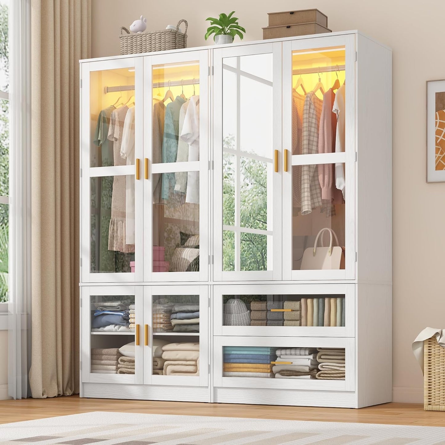 4 Doors Armoire Wardrobe Closet with LED and Mirror,71" H Freestanding Wooden Wardrobe Closet Cabinet for Bedroom w 2 Drawers,Wooden Clothing Storage Cabinet w Hanging Rod,Closets for Bedroom(Black)