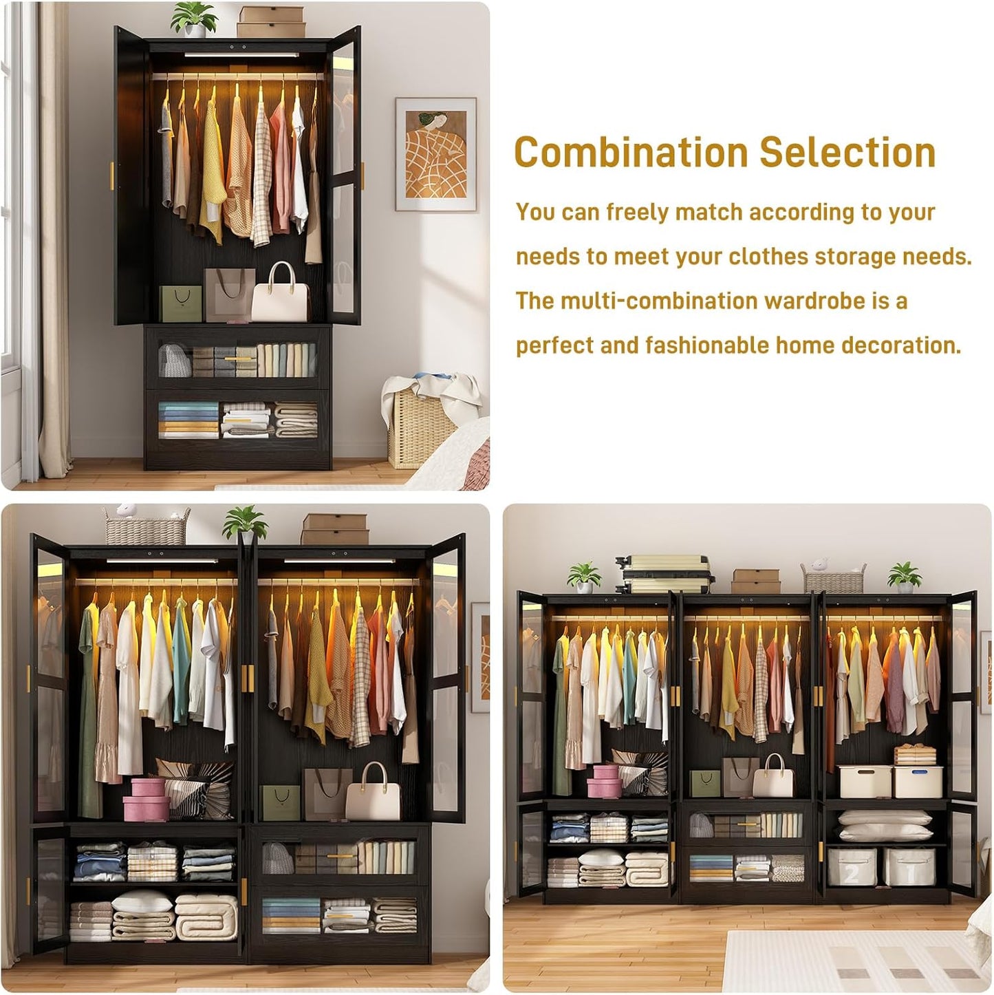 4 Doors Armoire Wardrobe Closet with LED and Mirror,71" H Freestanding Wooden Wardrobe Closet Cabinet for Bedroom w 2 Drawers,Wooden Clothing Storage Cabinet w Hanging Rod,Closets for Bedroom(Black)