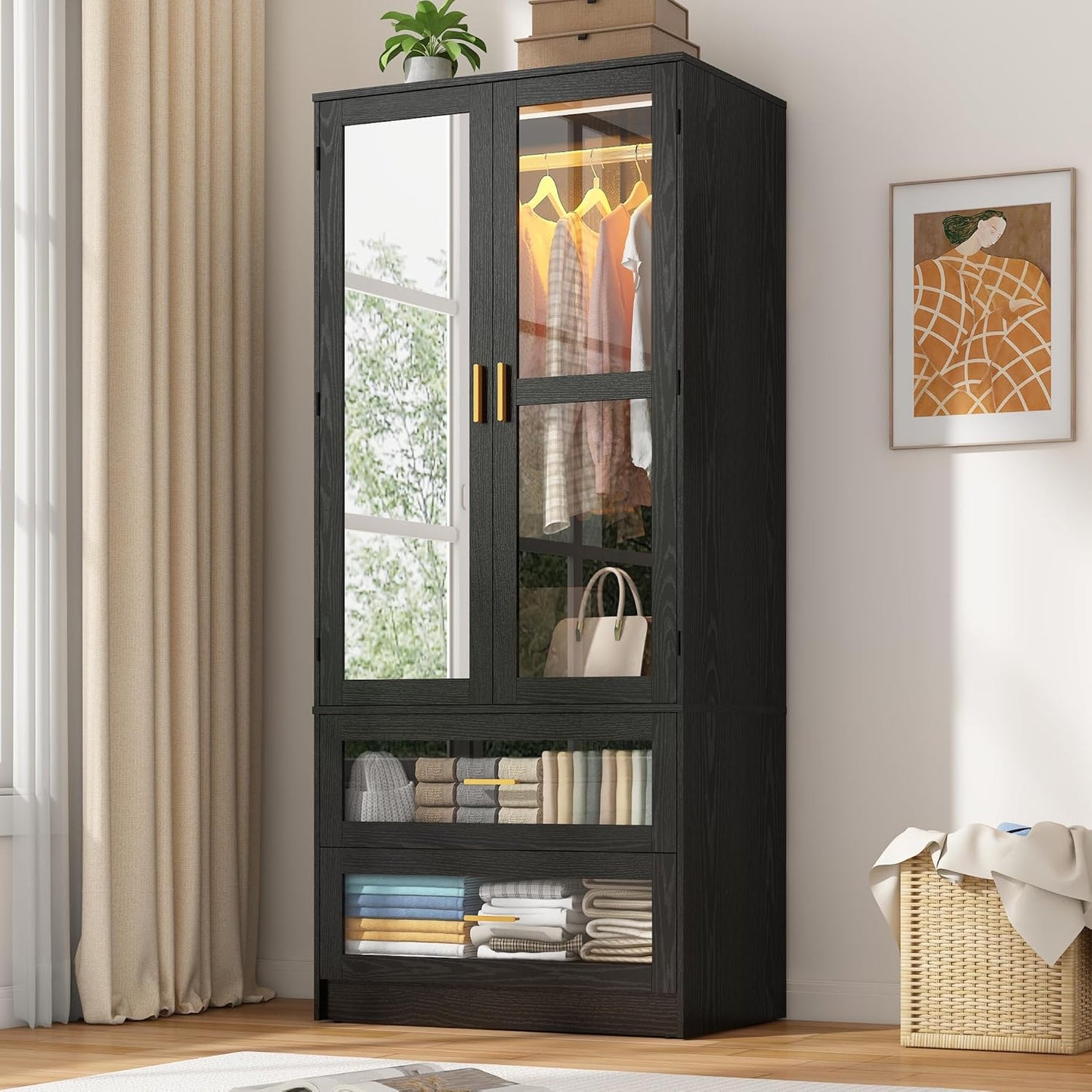 4 Doors Armoire Wardrobe Closet with LED and Mirror,71" H Freestanding Wooden Wardrobe Closet Cabinet for Bedroom w 2 Drawers,Wooden Clothing Storage Cabinet w Hanging Rod,Closets for Bedroom(Black)