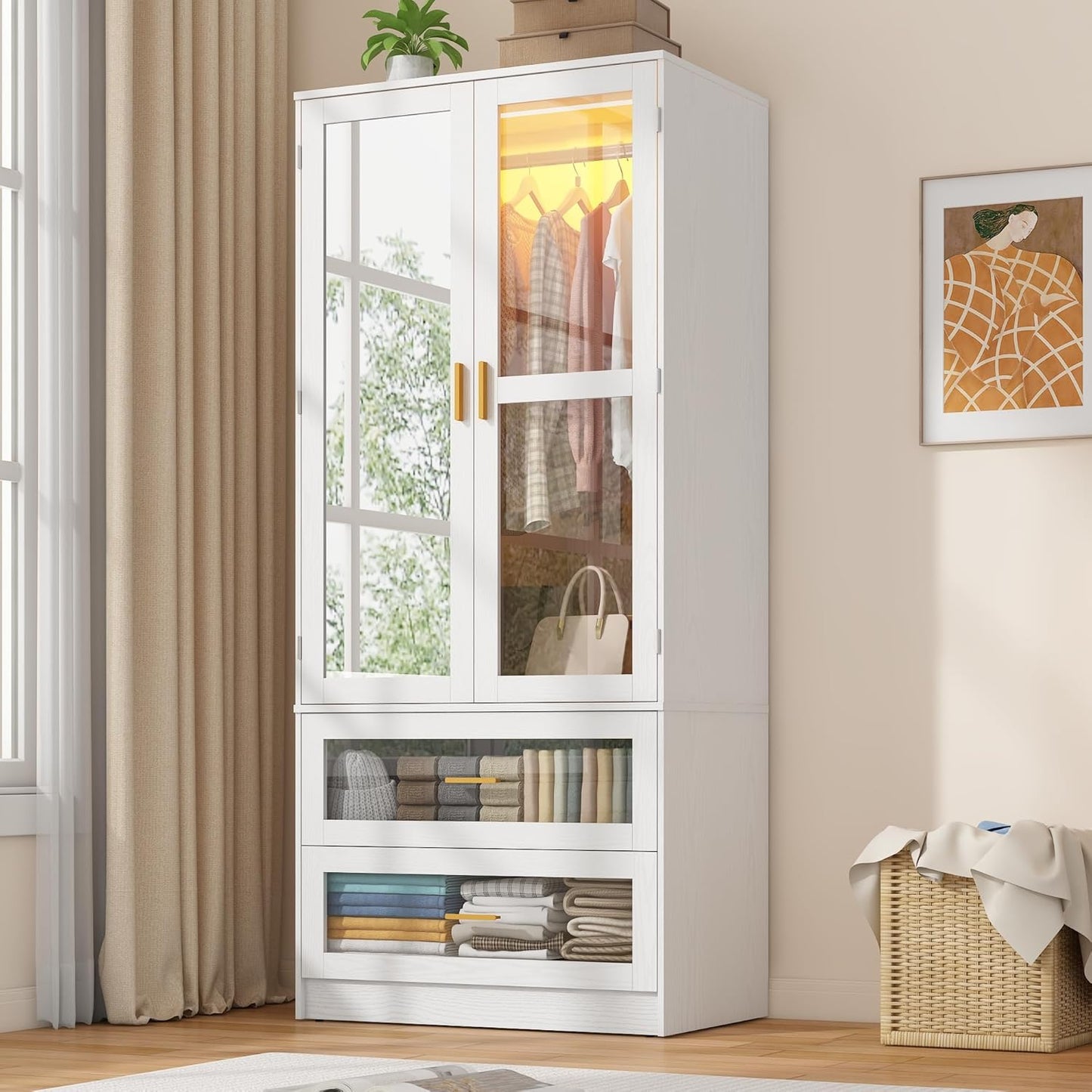 4 Doors Armoire Wardrobe Closet with LED and Mirror,71" H Freestanding Wooden Wardrobe Closet Cabinet for Bedroom w 2 Drawers,Wooden Clothing Storage Cabinet w Hanging Rod,Closets for Bedroom(Black)