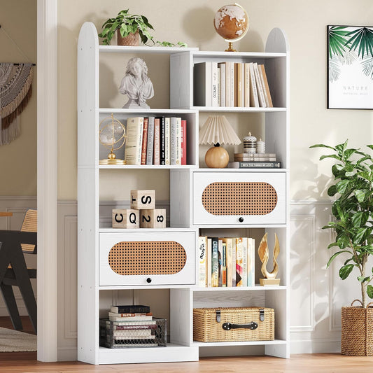 IRONCK 6 Tier Bookshelf and Bookcase with 2 Rattan Design Flip-top Storage Cabinets, 8 Cube Bookcases Display Storage Shelves Organizer for Living Room, 43.3" White
