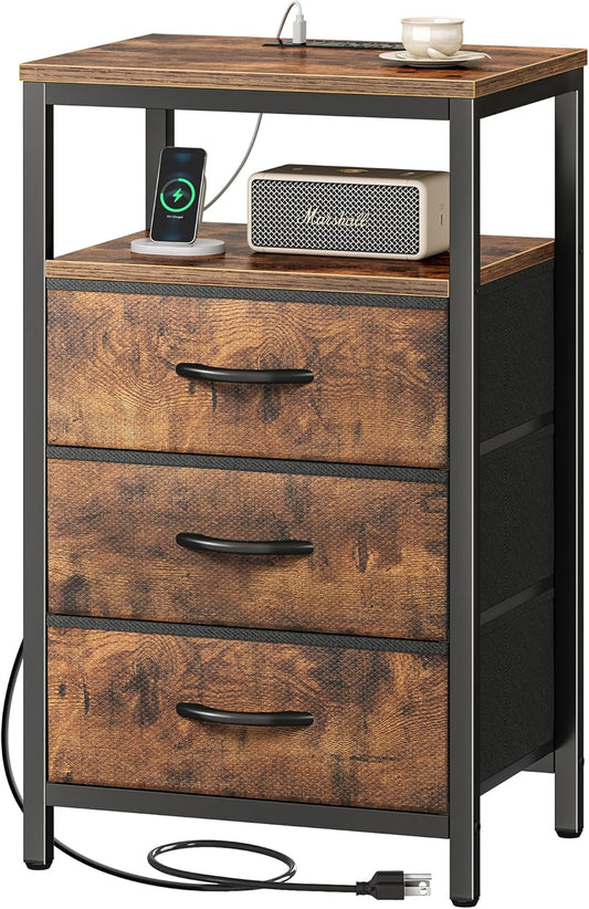 Huuger Nightstand with Charging Station, 27.6 Inch Bedside Table with Fabric Drawers, End Table with USB Ports and Outlets, Night Stand for Bedroom, Rustic Brown