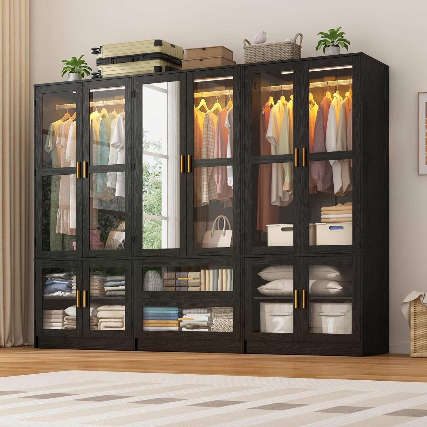 4 Doors Armoire Wardrobe Closet with LED and Mirror,71" H Freestanding Wooden Wardrobe Closet Cabinet for Bedroom w 2 Drawers,Wooden Clothing Storage Cabinet w Hanging Rod,Closets for Bedroom(Black)