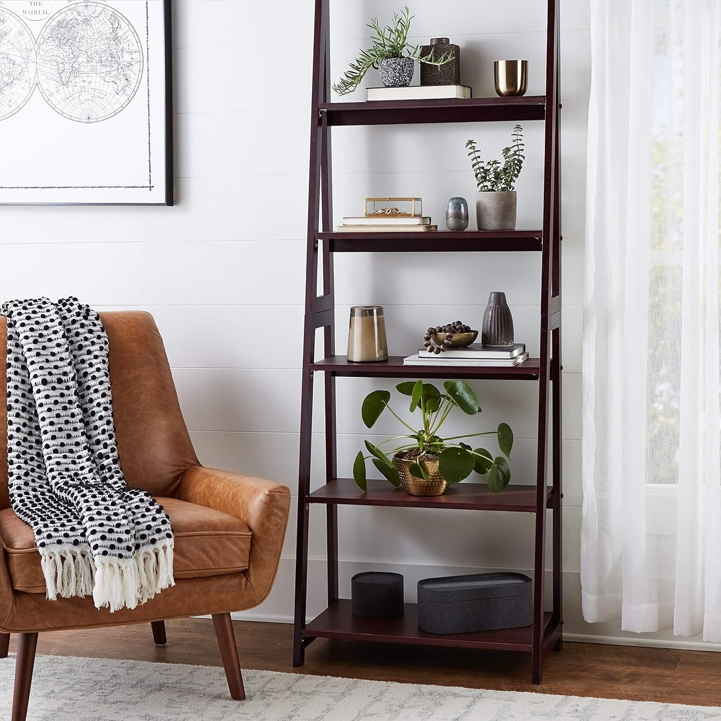 Amazon Basics Ladder Bookshelf Organizer, 5-Tier, Solid Rubberwood Frame, Walnut Finish, 14" D x 24.8" W x 70.1" H